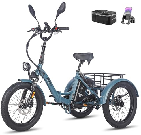 Fafrees E Bike 3 Rad, F20 Mate ebike klapprad Lastenfahrrad 20*3.0 Zoll, e Bike Dreirad für Erwachsene 48V 21Ah Akku, 65N.m 25km/h, Dreirad für senioren (Kleiner hinterer Korb, Blau)