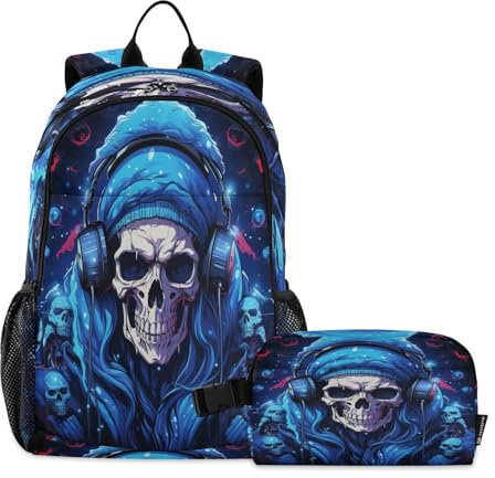 LINNIKEEEE Dj Di Musica Cool In Stile Natalizio Set Zaino per Studenti Borsa per Il Pranzo,Borsa Scuola Leggera Resistente per Ragazzi Ragazze