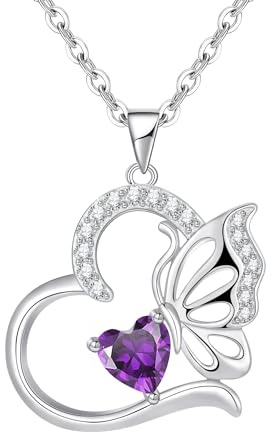 Silverhalsband för kvinnor Hjärta Fjäril Februari Birthstone Hänge Halsband Smycken Presenter för Kvinnor/Flickor Årsdag Födelsedag Mors Dag Jul Alla hjärtans dag