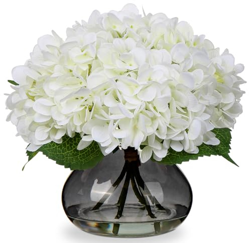 Oairse Artificial Hydrangea Flowers in Vase Real Touch Fake Hydrangea Flower in Glass Vase with Faux Water Silk White Faux Flower Arrangement for Home Bathroom Wedding Table Centerpiece Decoration