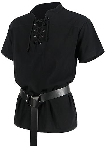 Halloween Kostüm Herren Freizeit Shirt Hemd Herren-Halloween-Verband, kurzärmeliges mittelalterliches Hemd, Gothic-Hemd für Männer Vintage Elegant Party Shirt mit Bedrucktes (Black, S)