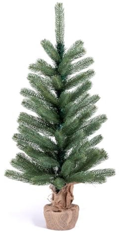Künstlicher Tannenbaum in Nordmanntannen-Optik mit naturgetreuen PE-Nadeln, mit oder ohne Lichterkette, mit Jute Sack um den Topf, ideal als Tisch-Weihnachtsbaum