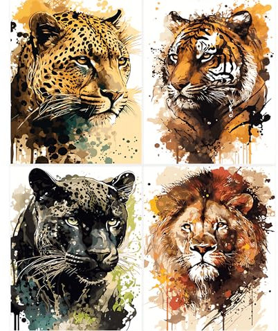 QIUQI 4 Stücks Diamond Painting Tier Set,5D Diamant Painting Bilder Tiger Löwe, Diamant Painting Full Set Geeignet für Erwachsene, Diamant Malerei Kits für Schlafzimmer Wohnzimmer Wand Deko
