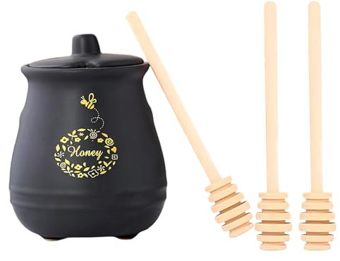 Bootoow Pot à Miel Porcelaine, 430ml Pot à Miel En Céramique Avec Couvercle Et Cuillère Miel En Bois, Distributeur De Sirop, Récipient à Miel En Porcelaine Pour Le Stockage,Noir