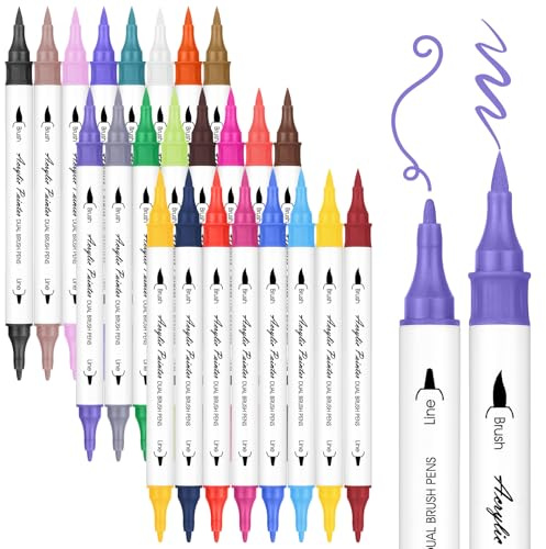 CHARSOCO Doppelseitige Acrylmarker, 24 Farben Dual-Tip Marker für Steine, Holz, Leinwand, Stoff, Glas, Keramik, Papier, DIY Bastelprojekte - Fein- und Pinselspitzen für Künstler und Anfänger