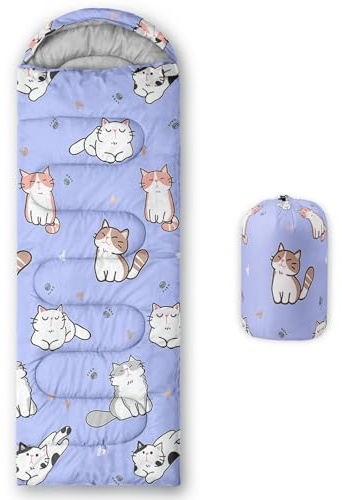 HOSIMA Saco de dormir para niños y niñas, estampado de gatos, ligero, cálido, portátil, para interiores y exteriores, impermeable, resistente al frío, para camping, senderismo (gatos-c)