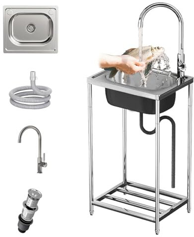 Evier De Camping Inox Lavabo Exterieure De Jardin Petit Evier Inox Hauteur 82 Cm éVier Inox Commercial Avec Robinet Pour Le Restaurant/HôTel/Single (60x45x82cm)