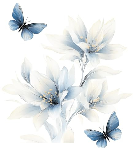 Flaxarne Wandaufkleber Blaue Lilien Blumen Wandtattoo Schmetterlinge Aquarell Selbstklebend Wanddeko für Wohnzimmer Schlafzimmer Mädchenzimmer