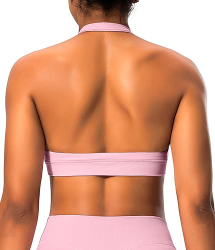 Comper Halter Sports Bras for Women Backless Workout Bra Seamless Open Back Strappy Yoga Bra Crop Top with Removable Cups(Pink-S)
