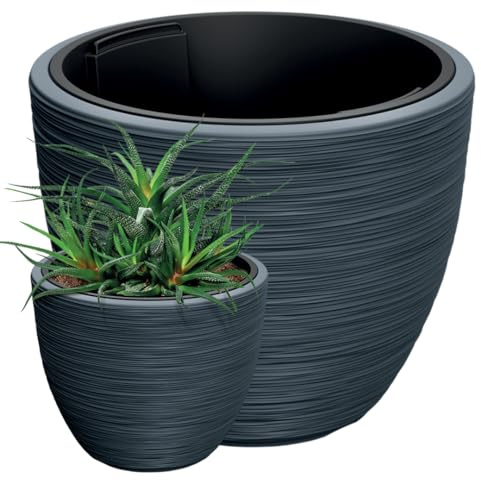 Frostsicherer Design-Blumentopf Forum 57 cm mit Einsatz – Anthrazit | 92 L Volumen | Kunststoff-Pflanzkübel mit Rillenstruktur für Innen & Außen