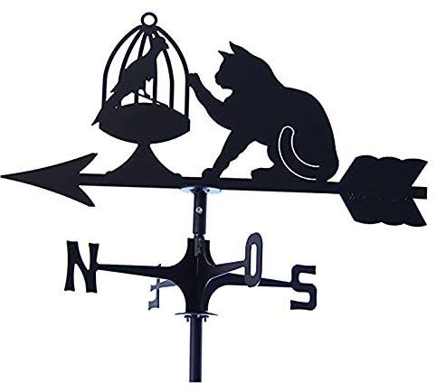 Wetterfahne für den Garten, zur Dachmontage, Wetterhahn mit Tiermotiv, Richtungsanzeiger aus Edelstahl, Messwerkzeuge, Katze und Vogel