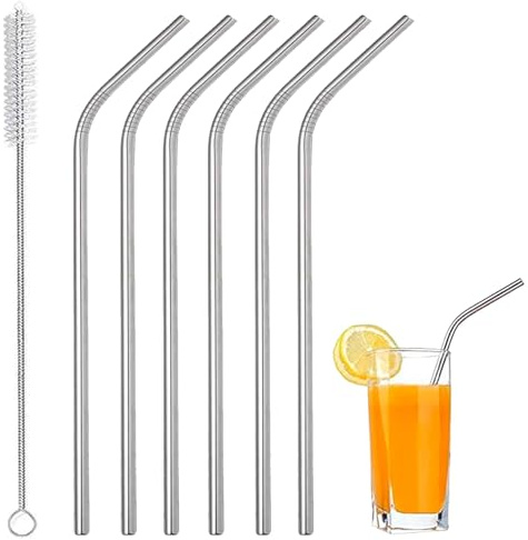Lot de 6 pailles et brosses en acier inoxydable - Réutilisables, en métal, idéales pour smoothie, eau, jus, milkshake, design incurvé argenté (6 pailles - 1 brosse)
