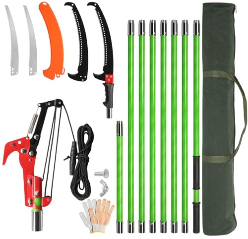 Outopee 26FT Pole Pruning Saw, Manual Pole Saw Long Handle Pruner Set, Telescopic Tree Trimmers Garden Tools with Sharp Blade, Scissors, Carry Bag for Pruning Palms and Shrubs High Branches, Green