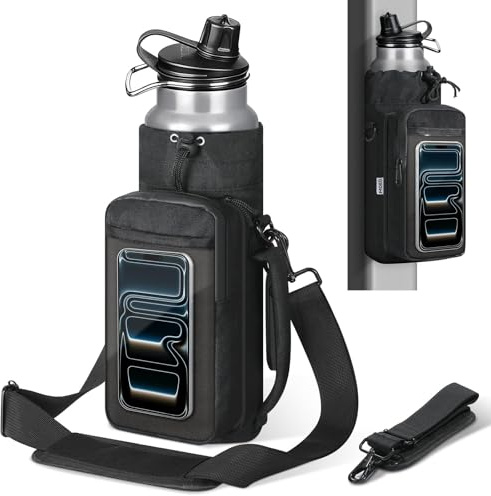 MoKo Magnetic Gym Bag Water Bottle Holder with 4 Magnets | Water bottle bag with phone pocket for Stanley, Tumbler and Owala, Black