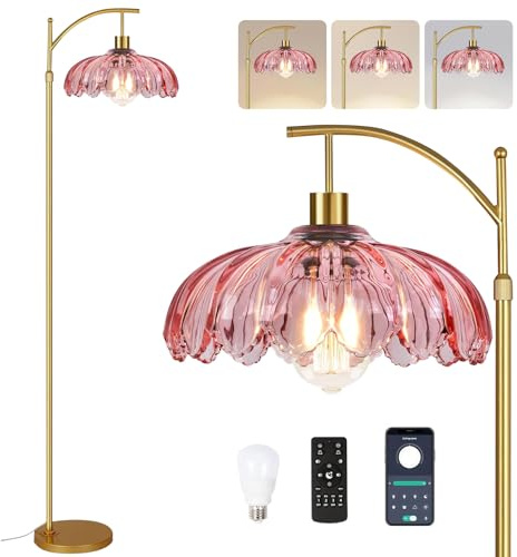 QIYIZM Lampadaire rose pour salon, chambre à coucher, lampe sur pied à intensité variable, lampe à intensité variable en laiton moderne du milieu du siècle, lampadaire bohème en verre teinté arc