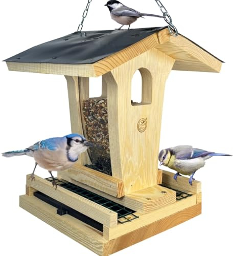 STAFECO Vogelfutterhaus Velgelahuas zum Aufhängen Vogelfutterspender mit Auffangschale, massives Holz, mit Schublade & Schutznetz gegen Futterstreu wetterfest & undurchlässiges Dach, (zum aufhängen 2)