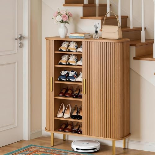 DHH Shoe Storage Cabinet with Sliding Door, 6-Tier Shoe Cabinet with Adjustable Shelves, Mid-Century Modern Freestanding Shoe Storage Organizer for Entryway, Hallway, Living Room (Yellow,31.5 )
