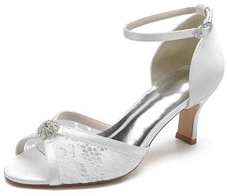 Gycdwjh Bridal Scarpe Ballerine con Strass Punta Peep Toe Raso Traforato in Pizzo Sandali Donna Estive a Bocca di Pesce 6.5cm Scarpe da Sposa Tacco Largo,Bianca,40 EU