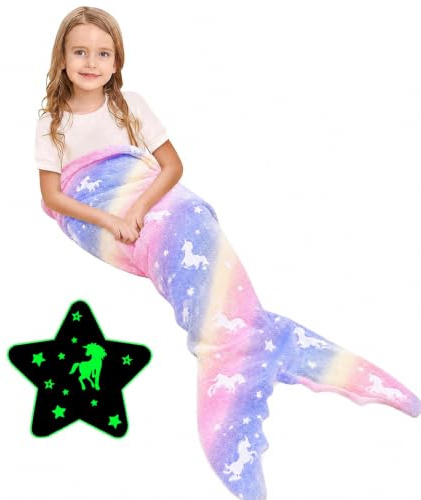 Ranedo Meerjungfrauenschwanz-Decke für Mädchen, leuchtet im Dunkeln, Einhorn-Flanell-Überwurf, weiche Ganzjahresdecke, tragbare Kuscheldecke, Geschenk für Kinder und Jugendliche, 110 × 45 cm, Lila