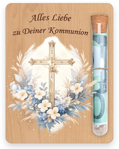 PIujsym Biglietto in legno con provetta, motivo: tutto l'amore per la tua croce, fiori, souvenir in legno per comunione, regalo per ragazzi e comunioni, idea regalo per ragazze