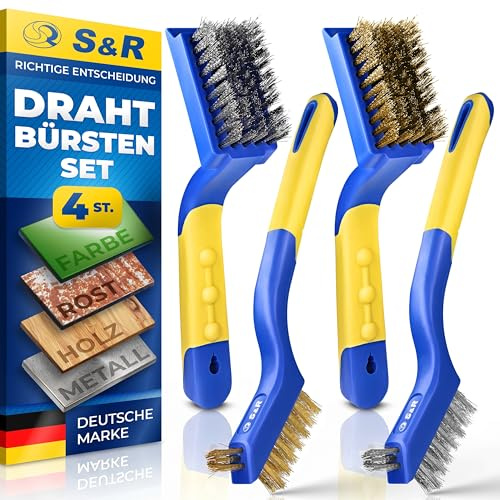 S&R Trådborstset med 4 delar, rostfritt stål stålborste, mässingsborste trådborste liten, grillborste, rostborste, metallborste, halkfritt gummerat mjukt handtag, för rost, färg, beläggningar