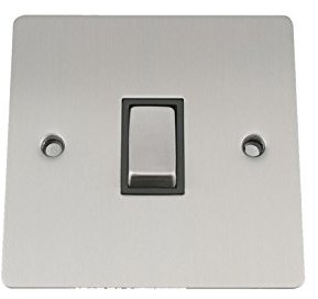 Light Switch Single 1 Gang - Satin Matt Chrome Flat - Black Insert - Metal Rocker Switch - 10 Amp 1 Gang 2 Way