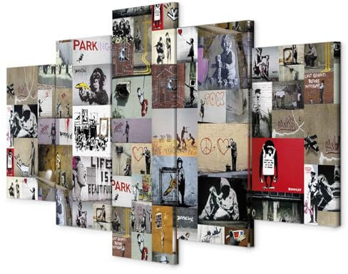 B&D XXL - Quadro Banksy 100x50 cm 5 Pezzi - Stampa su Tela Grande - Quadri Moderni Camera da Letto Matrimoniale - Pannelli Decorativi Stampe da Parete Arte - Regalo per Adolescente i-C-0092-b-n