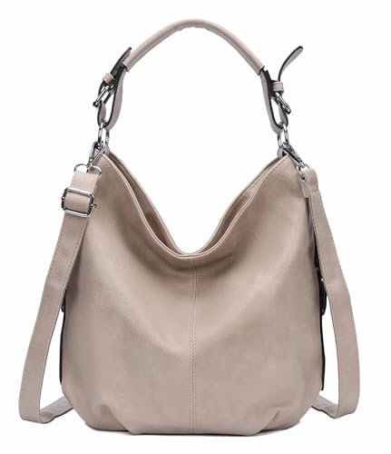 OBC Damen Tasche Shopper Hobo-Bag Leder Optik Schultertasche Umhängetasche Handtasche Crossover CrossBag Damentasche Reisetasche Beuteltasche Taupe