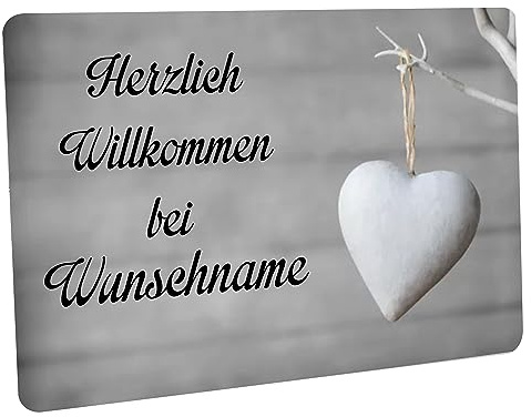 Crealuxe Fussmatte mit Wunschtext/Wunschname Herzlich Willkommen - Motiv Weißes Herz am AST - 60x40 cm - Gummi Rückseite/rutschfest - Filzoberfläche - Bedruckte Türmatte - Innenmatte