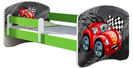 ACMA Kinderbett Jugendbett mit Einer Schublade und Matratze Grün mit Rausfallschutz Lattenrost II 140x70 160x80 180x80 (05 Rote Auto, 140x70)