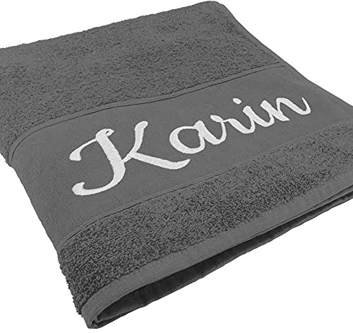Deitert Handtuch mit Namen oder Wunschtext Bestickt, personalisiertes Duschtuch, individuelles Badetuch, 100% Baumwolle, 100 x 50 cm anthrazit