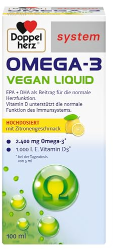 Doppelherz system Omega-3 Vegan Liquid – Hochdosiertes Algenöl, trinkfertig mit Zitronengeschmack – 100 ml