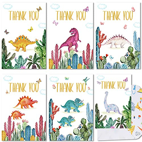 72 stycken dinosaurietackkort innehåller 36 stycken dinosauriekuvert och 36 delar kaktus dino tackkort akvarell dino tom tackkort för baby shower barn födelsedagsfest