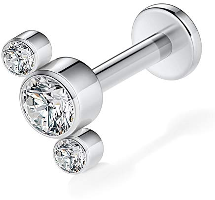 hengkaixuan 16G G23 Titan Flat Back Labret Ohrstecker Innengewinde Lippenstifte Tragus Piercing Monroe Medusa Lippenpiercing Silber Lobe Knorpel Conch Ohrringe Schmuck mm mit drei Runden CZ