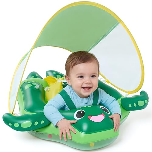 Sloosh Baby Swimming Floats with Removable Sun Canopy, Inflatable Baby Pool Float, Sea Turtle Design Infant Swim Float Ring Swimming Pool Accessories for Age 6-36 Months（S）