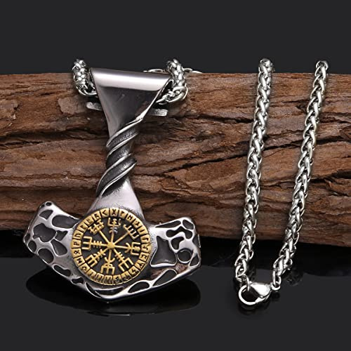 Wikinger Thors Hammer Halskette, Nordische Mythologie Vegvisir Rune Mjölnir Anhänger, Herren Edelstahl Vintage Handgemachter Schmuck Geschenk,Gold