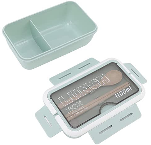 Cyrank Fiambrera Bento para niños, contenedores de almuerzo a prueba de fugas, 2 compartimentos, caja Bento portátil con palillos de cuchara para oficina y escuela(Verde)