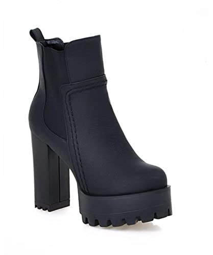 OTMYIGO Botas de Invierno para Mujer, Zapatos tacón Cuadrado, Botines Gruesos con Plataforma tacón Alto, Botas Chelsea, Negro, 37