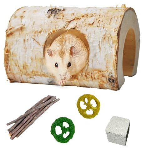 MUYG Natural Wooden Hamster Tunnels,Birch Wood Hamster Tube Guinea Pig Hollow Tree Hole Chew Toy Hideout Climbing Pet Cage Accessories for Hamsters Chinchillas Gerbils Dwarf Mice Rats