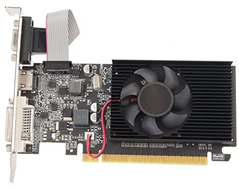Yanmis Scheda Grafica GT 210, Scheda Grafica GPU da Gioco DDR3 589/500 MHz PCI Express 2.0 a 64 Bit, HDMI VGA DVI con Ventola di Raffreddamento per Giochi da Ufficio e PC