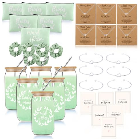 DHQH Bridesmaid Proposal Gifts Box Set, Will You Be My Maid of Honor Gifts for Bridal Shower Wedding, Bridesmaid Gift Basket With 16 oz Glass Cup Bracelets Necklace (36pcs)