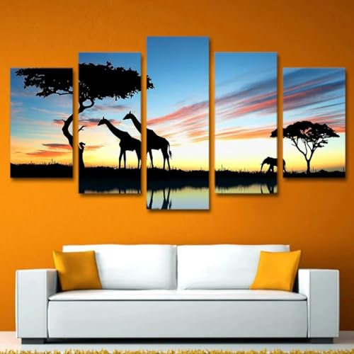 TETEOLALA Leinwand Bilder 5 Teilig Afrikanisches Tier Giraffe Elefant Sonnenuntergang Wandbilder Wohnzimmer Modern Bilder, Poster, Kunstdrucke Büro Flur Bad Küchebilder -Ungerahmt