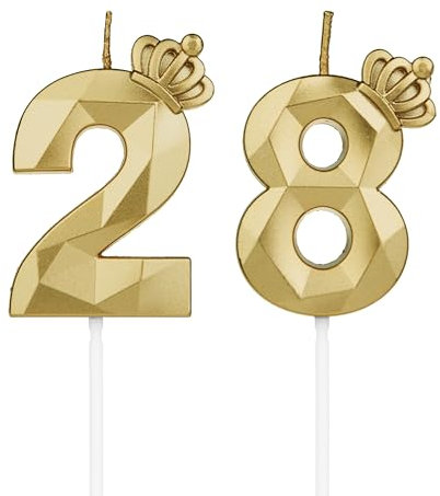 DTXLX Numéro 28 bougies d'anniversaire, en forme de chiffre 28, Dorée avec couronne, pour gâteau, décoration d'anniversaire, pour fêtes, mariages, fêtes d'entreprise, jubilés
