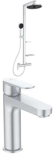 Set aus Ideal Standard BD584SI Alu+ Duschsystem mit Brausearmatur, Silber (Silver) + Ideal Standard BD131SI Cerafine O Waschtischarmatur mit Push-Open-Ventil