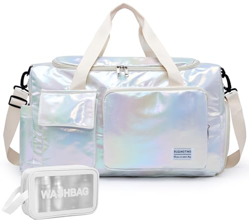 Liten gymväska för kvinnor, resväska duffelväska handbagage på weekendväska med skofack, Z6#Beige Shinny, 11*19.6*8.2 inches, Gymväska & toalettartiklar väska