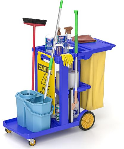 ybaymy Carrello per la pulizia con 3 scomparti, carrello per la pulizia professionale, 83 x 46 x 90 cm, carrello per la casa con 4 ruote, grande capacità 65 l, sacco della spazzatura per servizi