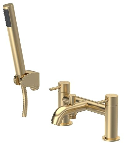 Balterley Bath Mixer Tap with Shower Kit, Dual Lever Round Bath Filler Tap, Round Head Showers for Bathrooms, Bathroom Taps with Shower Head and Hose Set - 228 x 150 x 119mm (Brushed Brass)