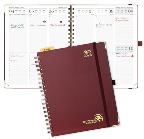 POPRUN Kalender 2025 2026 Buchkalender Ringbuch mit Hardcover, ca. A4 (25,5 x 20,5 cm), 17-Monate-Terminplaner (Aug.2025-Dez.2026), Wochenplaner 2025 2026 mit Plastiklineal - Burgund