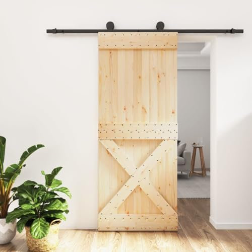Annlera Porte coulissante en bois de pin massif - Pour chambre à coucher, cuisine, grange, garage, etc. - Design peu encombrant - Marron + noir - 85 x 3,6 x 210 cm