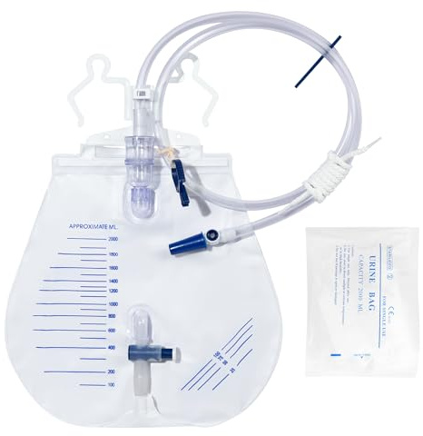 BeHerk Katheterbeutel für Männer und Frauen, 2000 ml, professionelle Harn-Drainagebeutel mit verbesserter Anti-Reflux-Tropfkammer, 121,9 cm verdickter Drainagerohr, verstellbare Clips und Haken zum